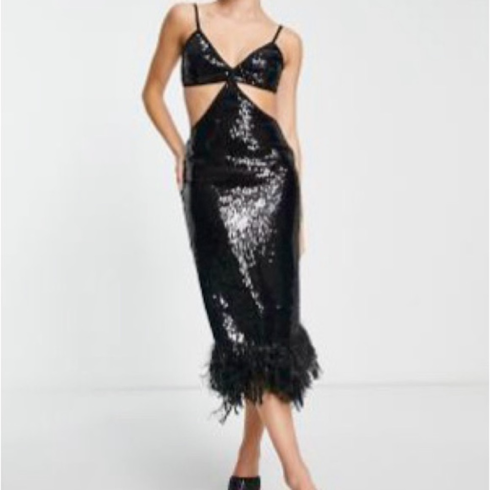 ASOS Black Sequin Midi Dress with Feather Hem